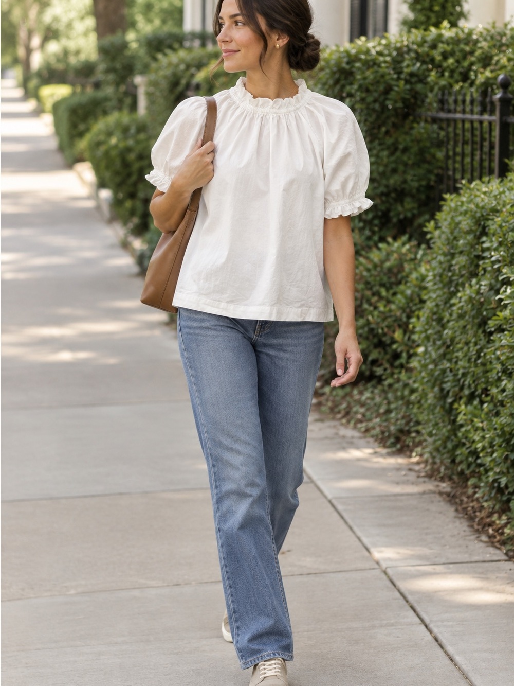 Hill House Home Ivory Ruffle Neck Puff Sleeve Blouse